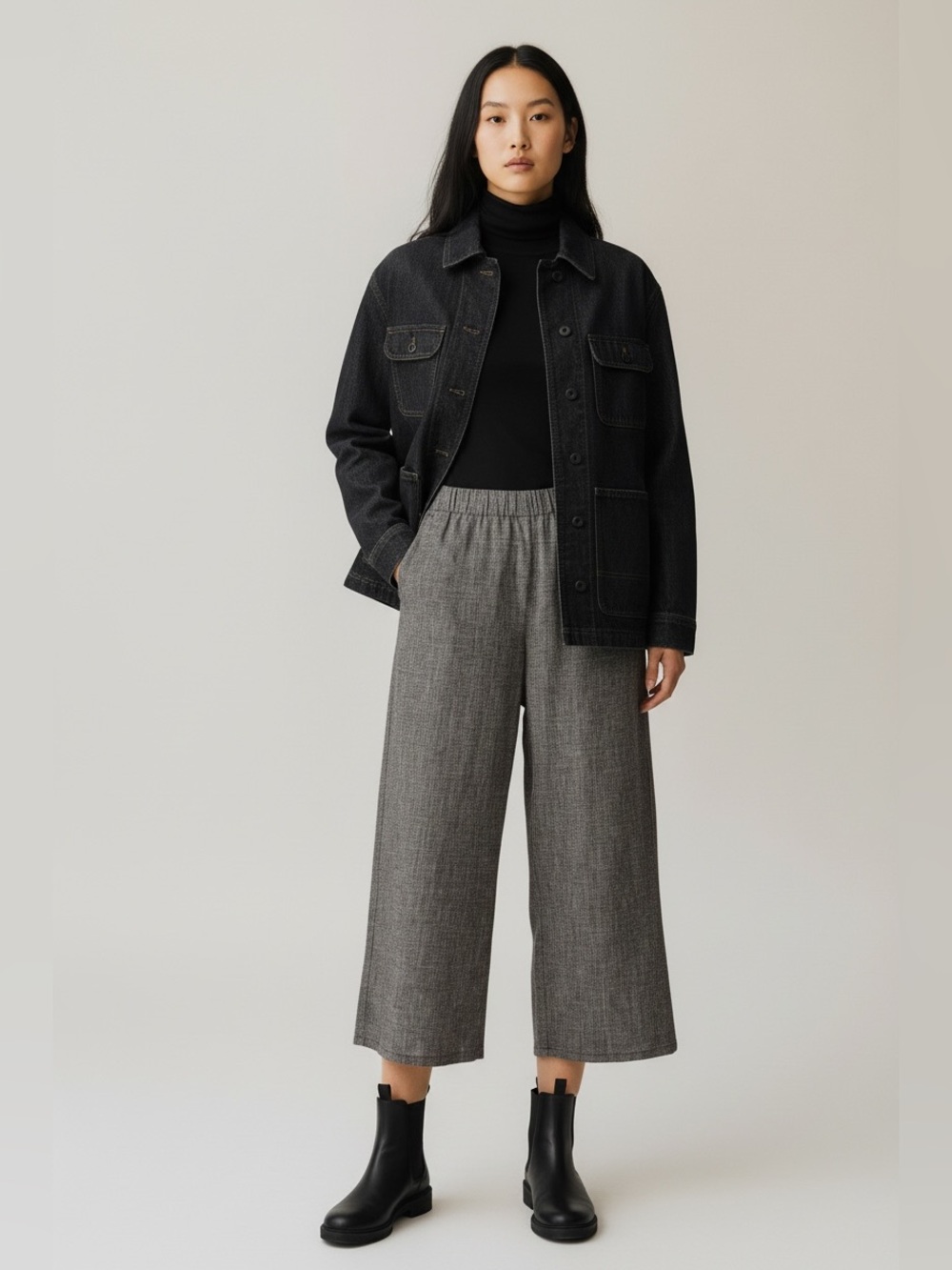 Eileen Fisher Hemp Organic Cotton wide leg black white grid pants large